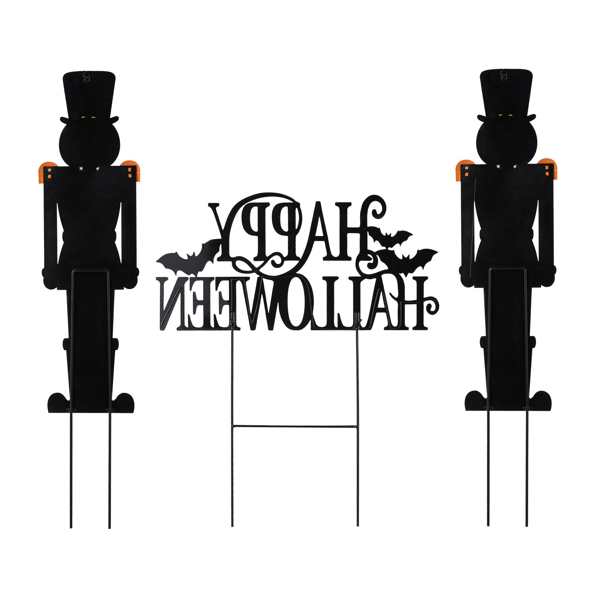 Glitzhome® 32"H Halloween Metal Nutcracker and HAPPY HALLOWEEN Yard Stake Set